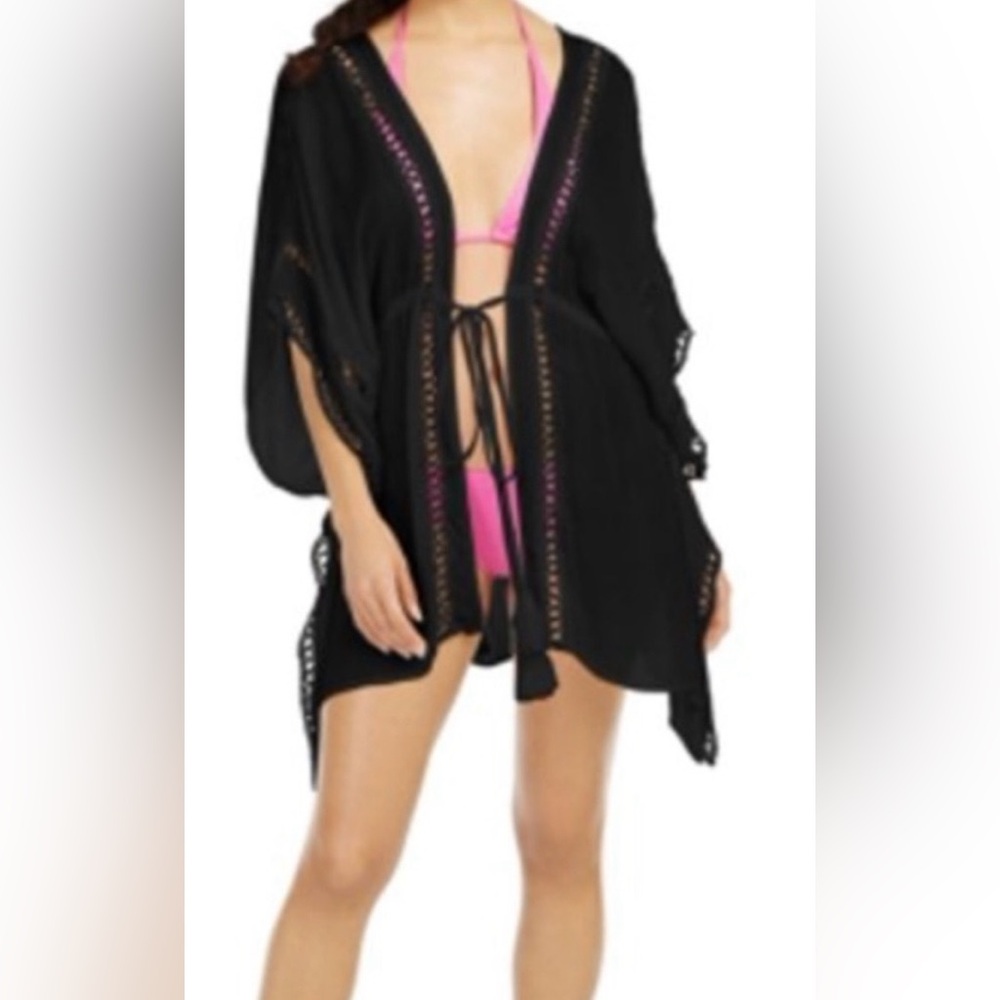 Raviya Black Crochet Kimono Style Coverup with Tie Front size Medium